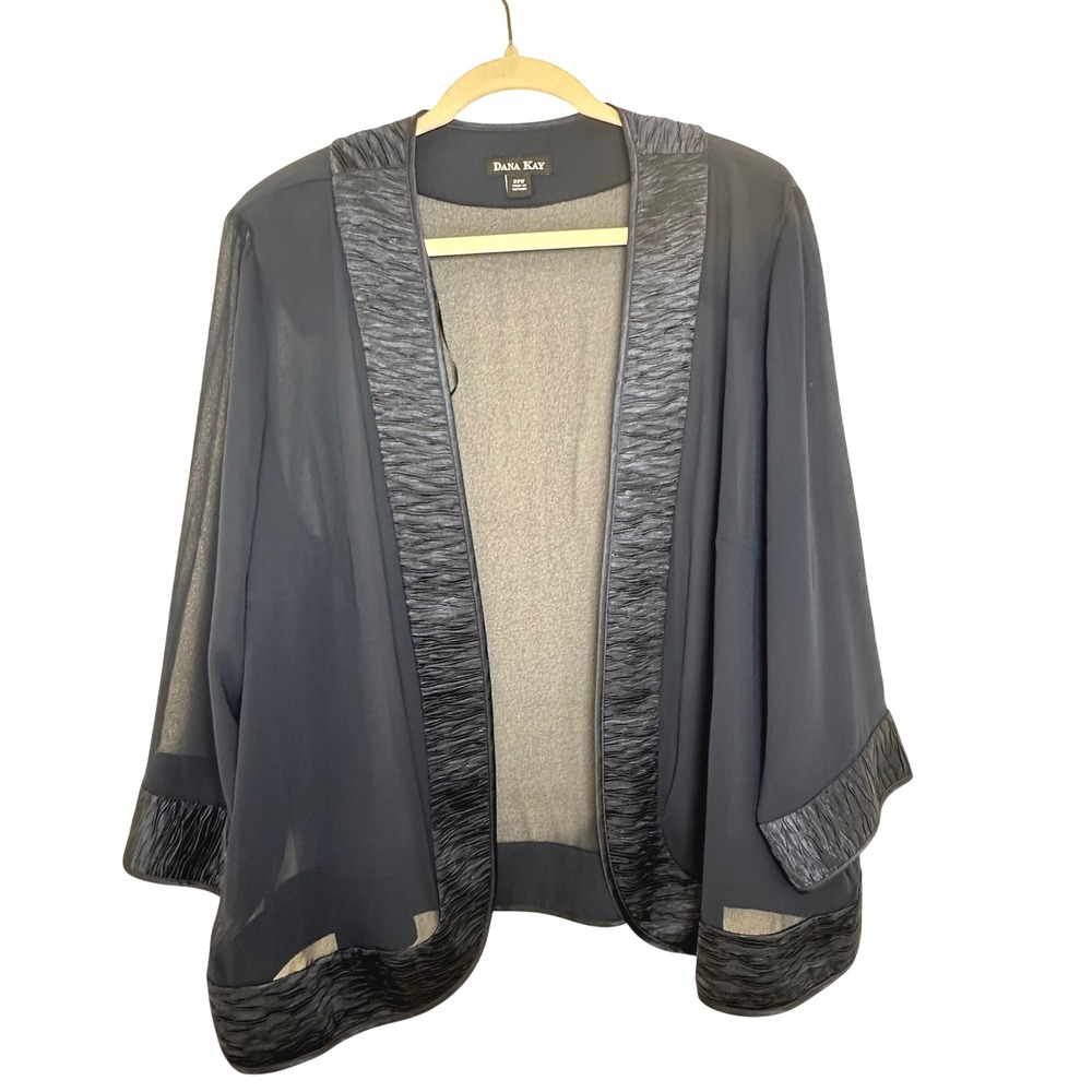 Dana Kay Navy Blue Sheer Open Front Embellished Kimono Jacket 22W Flowy Holiday